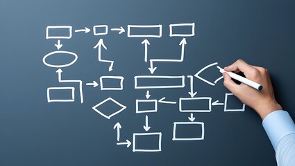 Hand drawing a complex flowchart with various shapes and arrows on a dark chalkboard representing business process planning and problem solving