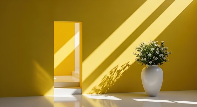 Bright Interior Featuring a Minimalist Staircase, a Doorway, and a Vase with Flowers Bathed in Sunlight