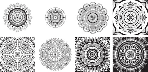 Intricate circular floral patterns black white mandala