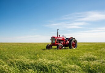 Obraz premium Red Tractor in Green Field - A classic red tractor sits in a vast, green field under a bright blue sky. Peaceful agricultural scene