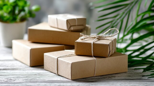 Stack of kraft cardboard gift boxes tied with string outdoors for eco packaging branding concept
