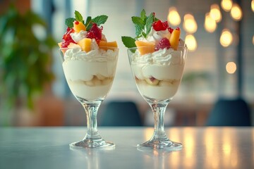 Two glasses of layered dessert with whipped cream and fruit.