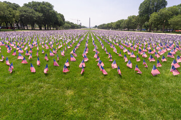 US flags near the Washington Monument. USA banner on Independence Day. National Mall in DC with flags. Memorial Day. Flag of the United States on Washington Monument. Waving flags.