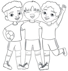 Three happy boys in soccer uniforms, line art coloring page, kids football team illustration