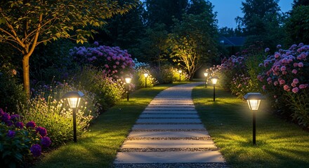 Obraz premium Illuminated garden path at twilight with solar lights and vibrant pink flowers