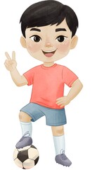 Cheerful boy in red football uniform standing with soccer ball, smiling and making peace sign. Cute cartoon style