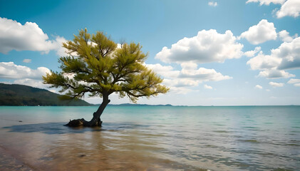 Serene beach view with a lone tree by the water during a clear sunny day