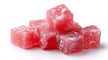 Pink Turkish delight candy cubes stacked on white background for dessert branding photography sweet food scene