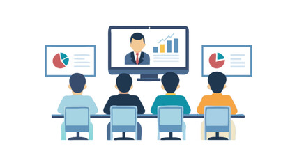 A group of people are watching an online presentation on a computer screen with charts on either side, isolated on white background