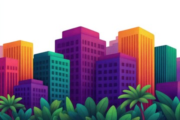 Fototapeta premium A vibrant urban skyline illustrated with bright and bold geometric buildings complemented by lush tropical foliage creating a dynamic and colorful cityscape captured with clarity