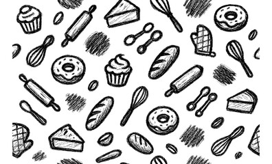 Hand drawn baking tools and pastry seamless pattern with sketch style