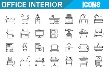 Set of Office Interior Icons for Workspace Furniture and Design Elements