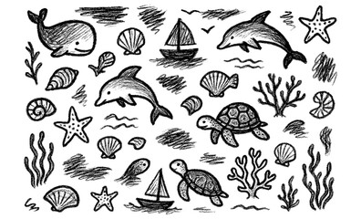 Obraz premium Hand drawn marine life with dolphins, turtles, and shells in sketch style