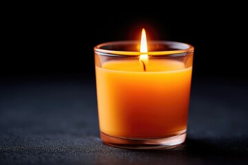 minimalist image of burning candle in glass holder on black background soft glow and wide copy space
