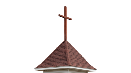 Church steeple with wooden cross on red shingle roof against clear sky on transparent background, PNG