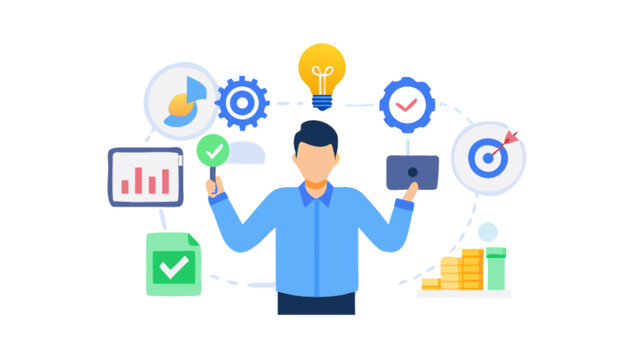 A cartoon man is juggling business concepts such as finance, investment, success, growth, innovation, and process isolated on white background