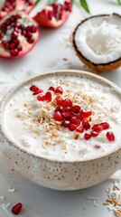 A bowl overflows with creamy coconut milk, sprinkled with vibrant pomegranate seeds and coconut flakes. A healthy and delicious breakfast is ready to be enjoyed
