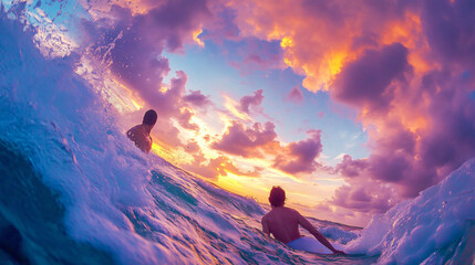 Surfer riding a majestic wave at sunset with vibrant colors and a beautiful ocean backdrop