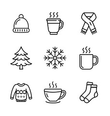 Cozy winter icon set in simple line art style with sweater, fireplace, warm beverages, mittens, snowflakes, and seasonal comfort for cozy design themes.