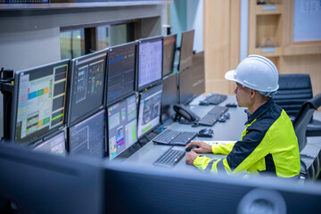 Engineer working at control room, Manager control system, Technician man monitoring program from a lot of monitor.
Specialist observes analytics dashboard,operator inspects digital interface