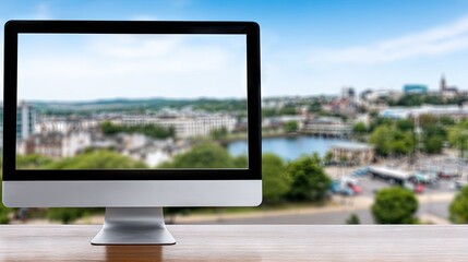 Fototapeta premium Modern all-in-one computer on a desk with a pristine white screen and a serene lake view in a bright home office