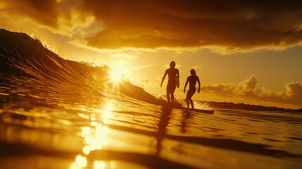 A surfer and a fellow surfer enjoying a thrilling moment on a beautiful wave in the ocean