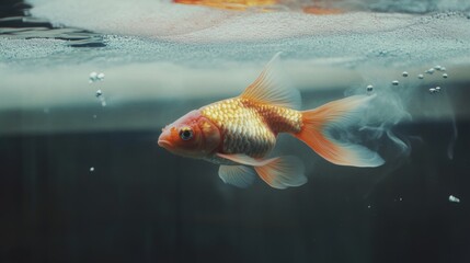 Obraz premium Goldfish swimming underwater with reflections for tranquility aquatic nature pet minimalist serene fluid motion scene