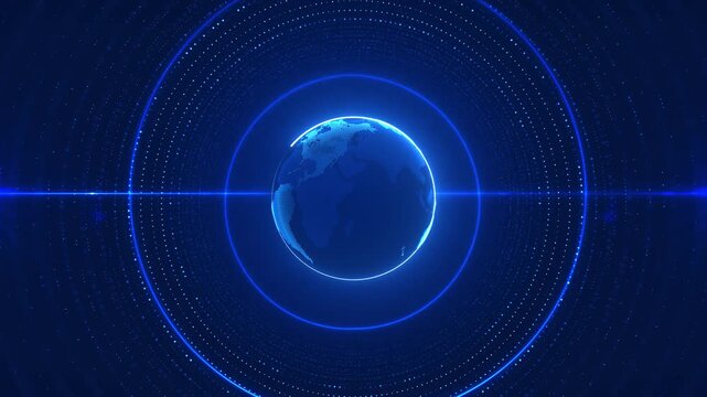 Map World Transformation Technology Futuristic Digital data networking and social networking for worldwide connectivity. Global grid connection. Blue map of the world. Futuristic web links and lines