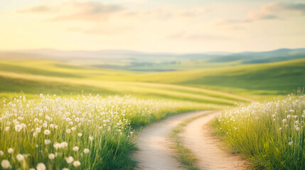 Fototapeta premium A narrow dirt path stretching into endless golden plains. Tranquil horizons under a pale summer sky.
