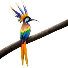 Obraz premium A stunning bird of paradise, adorned with vibrant, multicolored plumage, perches gracefully on a weathered branch.