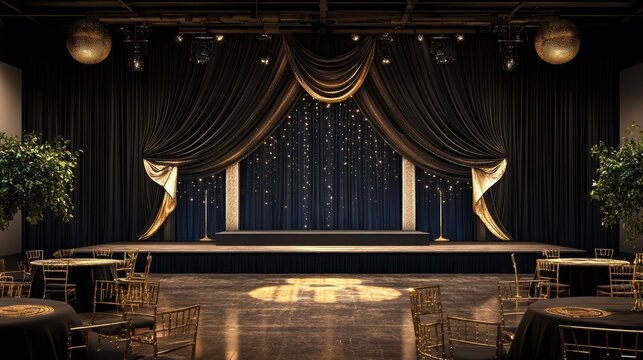 Elegant event space with stage, dark curtains, gold accents, and round tables.