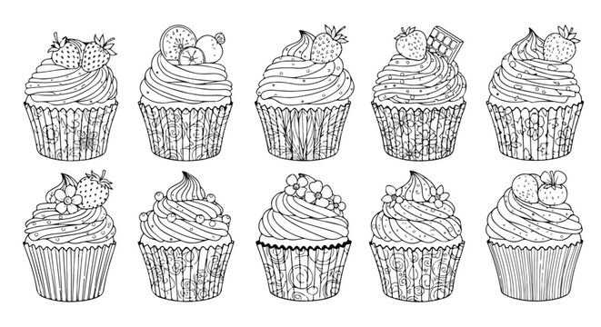 Handdrawn Line Art Cupcakes with Diverse Toppings and Intricate Wrapper Patterns Ideal for Coloring.