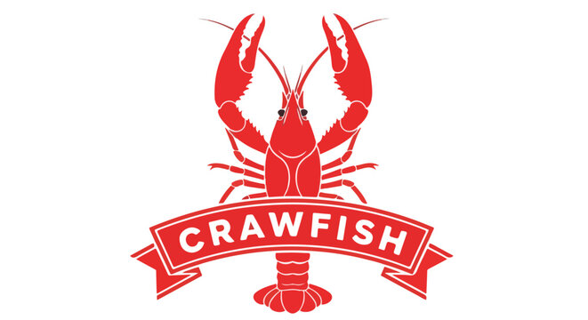 Graphic red crawfish logo with raised pincers symmetrical pose and a ribbon banner.