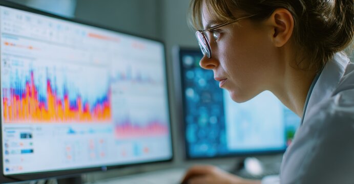 close-up female doctor in white coat using computer for medical data entry with clean flat background, bright soft shadows, and professional stock style