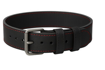 Sleek black leather belt with bold red stitching, carefully positioned against transparent background, highlighting contemporary accessory craftsmanship
