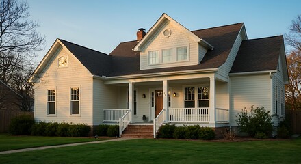 Obraz premium Reimagined nature with pine trees, mountains and beautiful chalet cider home exterior with bedroom interior view. with elegance