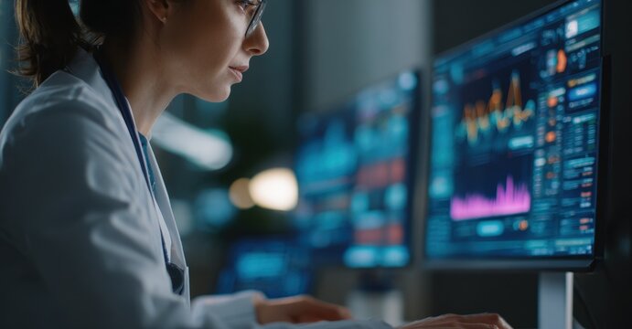 healthcare professional close-up of female doctor reviewing patient data on computer in well-lit setting with flat lay composition and detailed stock photography style