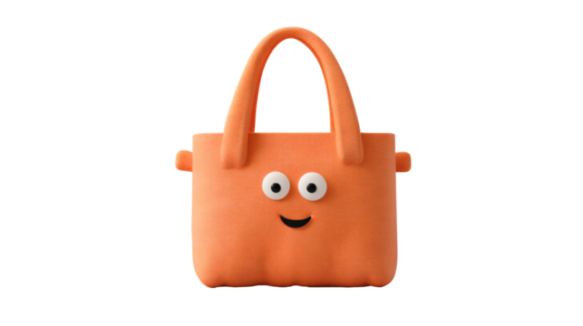 An orange cartoon handbag with a cheerful face on a black backdrop.