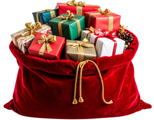 Classic Red Velvet Santa Sack with Golden Rope Tie, Full and Overflowing, Isolated PNG