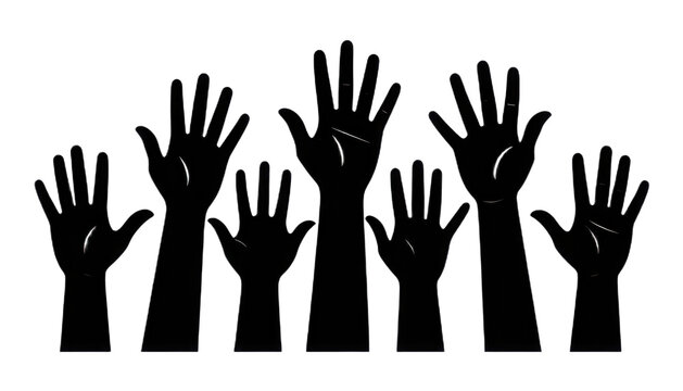 Several hands raised into the air, shown in black silhouettes