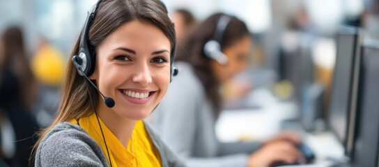 Smiling young woman with headset in yellow shirt working at modern call center, providing professional customer service and communication support in a bright office