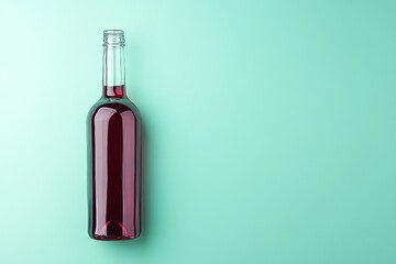 Glass wine bottle filled with red liquid against a mint green background.