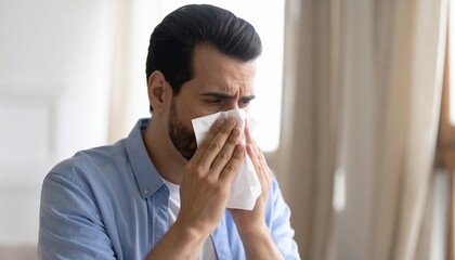 A man is suffering from a cold and blowing his nose.