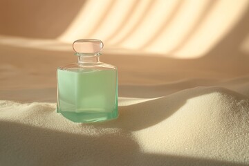 Light teal glass bottle on a bed of beige sand.