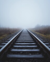 A low-angle shot looking down straight railway tracks that lead to a vanishing point in a dense, foggy forest. The moody, atmospheric scene evokes a sense of journey into the unknown