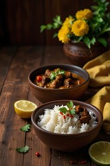 A traditional Bangladeshi meal featuring aromatic white rice and a rich, flavorful curry, garnished with fresh cilantro, lemon, and red chili on a rustic table
