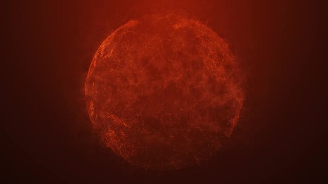 An animated digital globe in red tones symbolizing intensity, energy and global connections. Lines and dots connecting continents highlight the web of interactions of the world