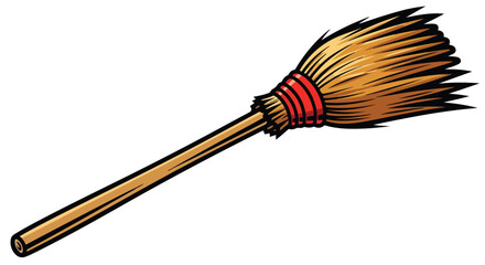 Classic cartoon broomstick with golden straw bristles and a vibrant red band.
