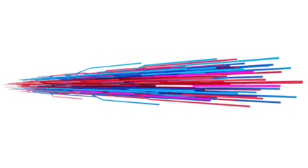 Dynamic abstract light trails of vibrant blue, red, magenta luminous streaks, aggressively accelerating left to right on transparent background with copy space, illustrating rapid high-speed data