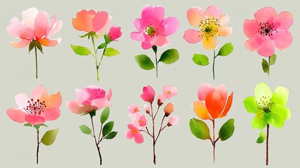 Watercolor Floral Set Pink Orange Flower Illustration
